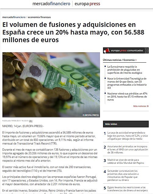 El volumen de fusiones y adquisiciones en Espaa crece un 20% hasta mayo, con 56.588 millones de euros